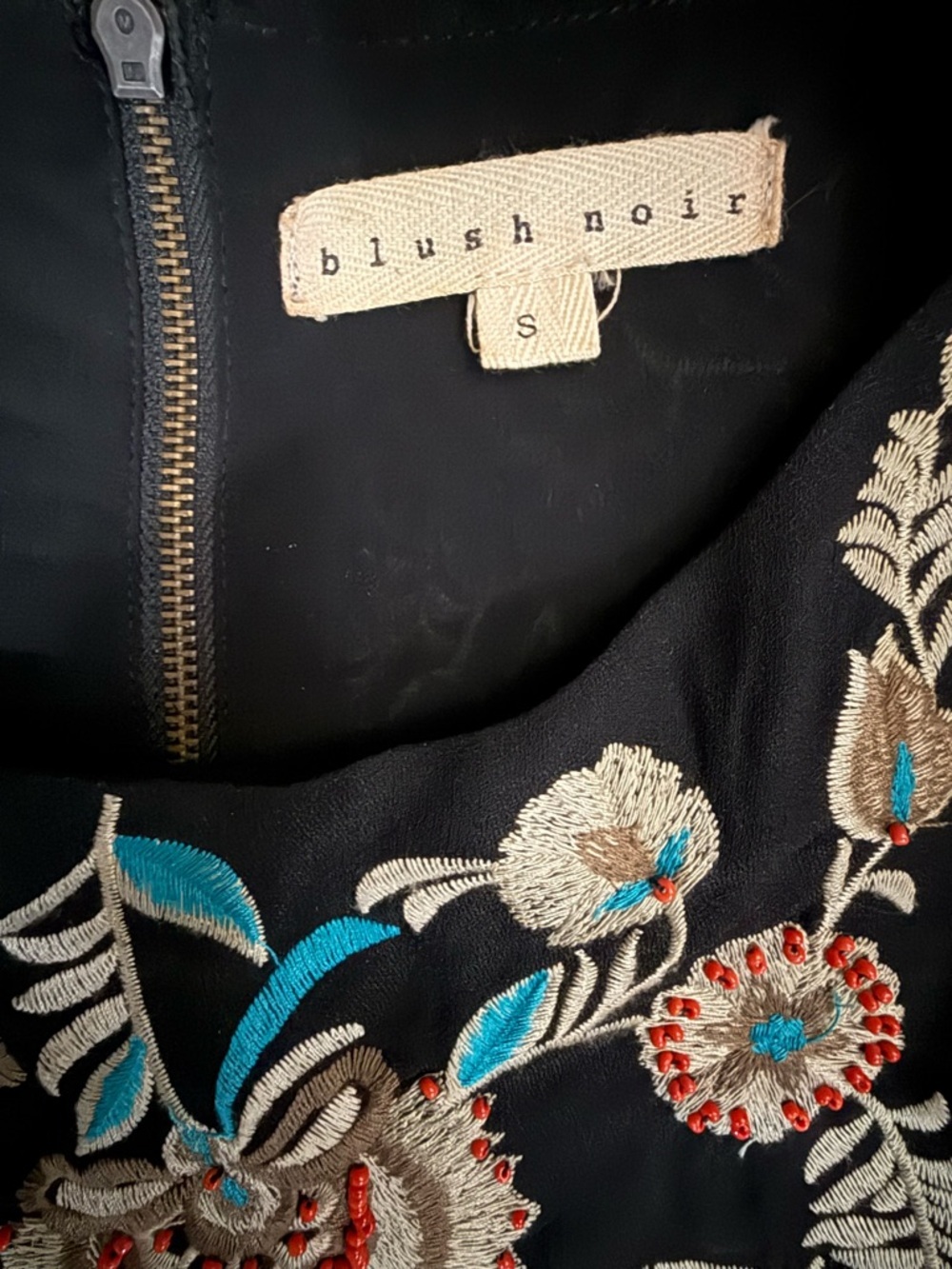Blush Noir Black Embroidered Sleeveless Mini Dress with Floral Bead Accents Sz S - Picture 7 of 9